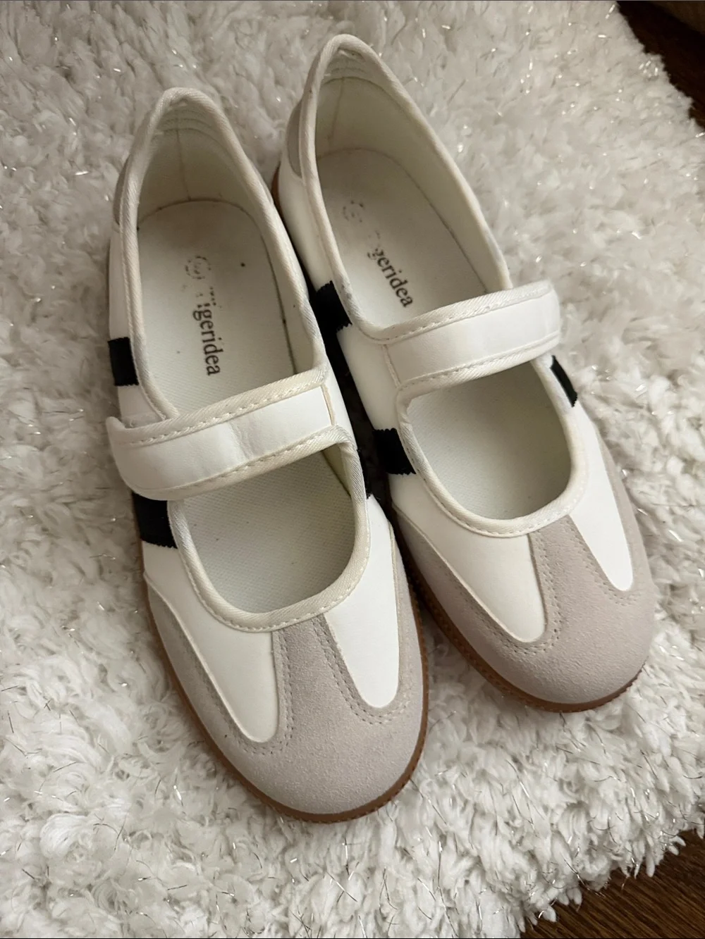 Casual Mary Jane Flats in White and Beige with Black Accent - Picture 2 of 5